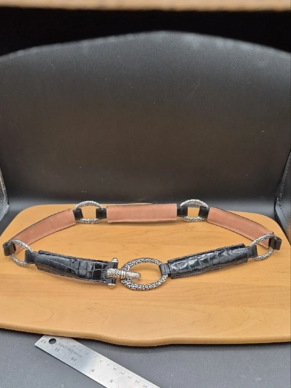 Vintage Brighton B60193 Black Croc Patent Leather Hook Belt Size 34